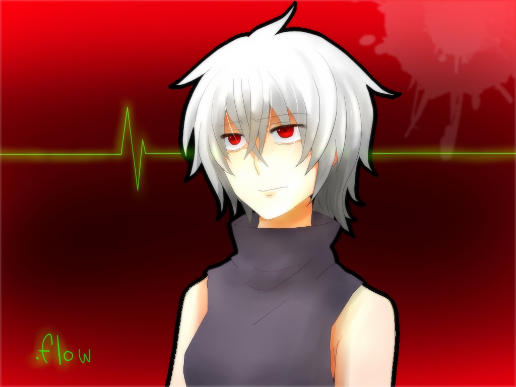 .flow, 1girl, nabuta375, red_eyes, sabitsuki, short_hair, sleeveless, sleeveless_turtleneck, solo, turtleneck, white_hair