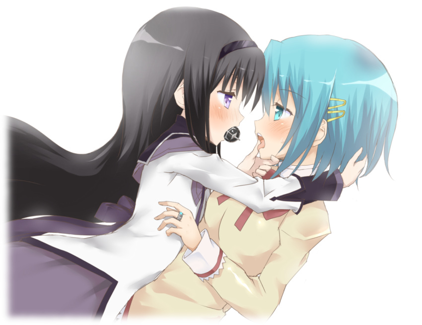 2girls, akemi_homura, black_hair, blue_eyes, blue_hair, eye_contact, finger_in_mouth, grief_seed