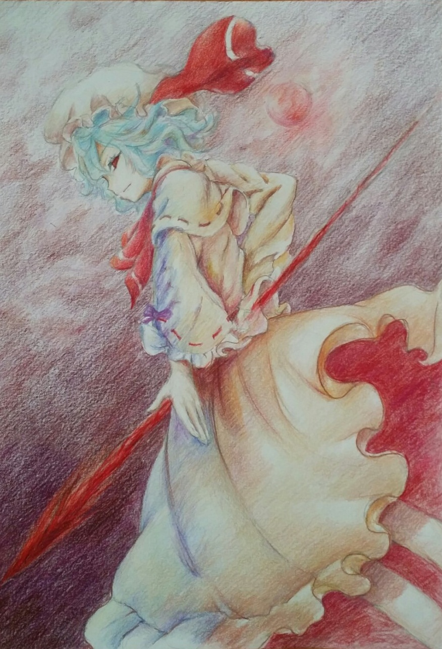 1girl, beruko_(rladustns50), blue_hair, colored_pencil_(medium), dress, dutch_angle, full_moon, hat