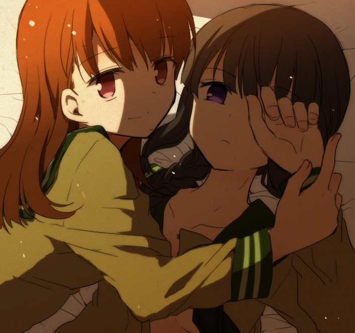 2girls, bangs, black_eyes, black_hair, blunt_bangs, blush, braid, brown_eyes