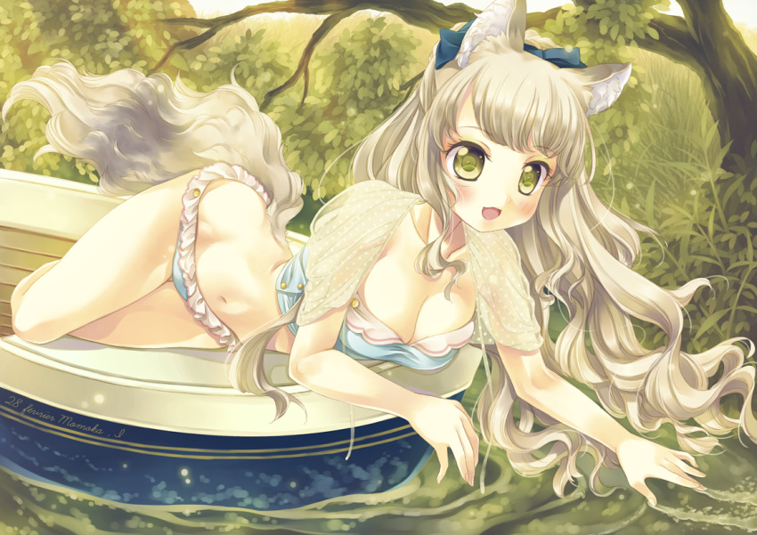 1girl, animal_ears, bikini, blush, breasts, brown_hair, cleavage, grass