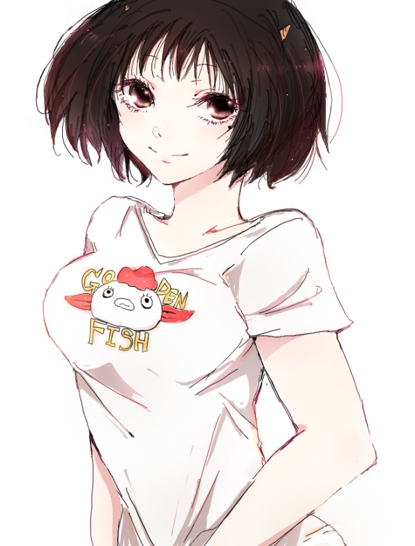 1girl, black_eyes, black_hair, hoozuki_no_reitetsu, horns, looking_at_viewer, peach_maki, shirt