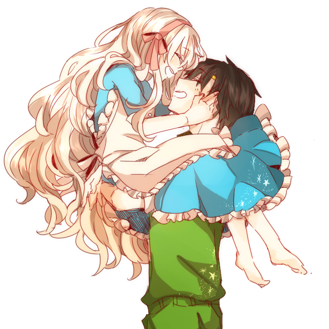 1boy, 1girl, barefoot, black_hair, blonde_hair, carrying, closed_eyes, couple