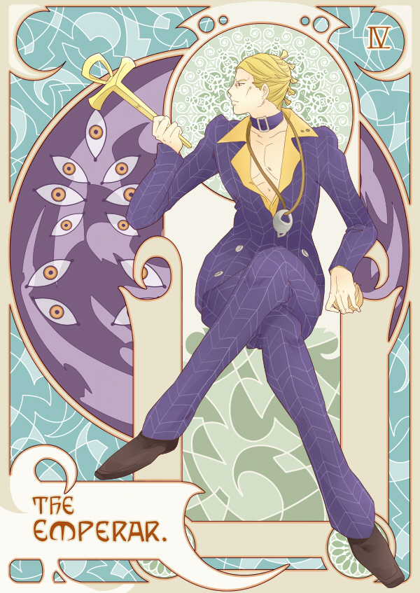1boy, ankh, blonde_hair, crossed_legs, formal, jojo_no_kimyou_na_bouken, prosciutto, sitting, solo, stand_(jojo), suit, tarot, tarutan, the_grateful_dead_(stand)