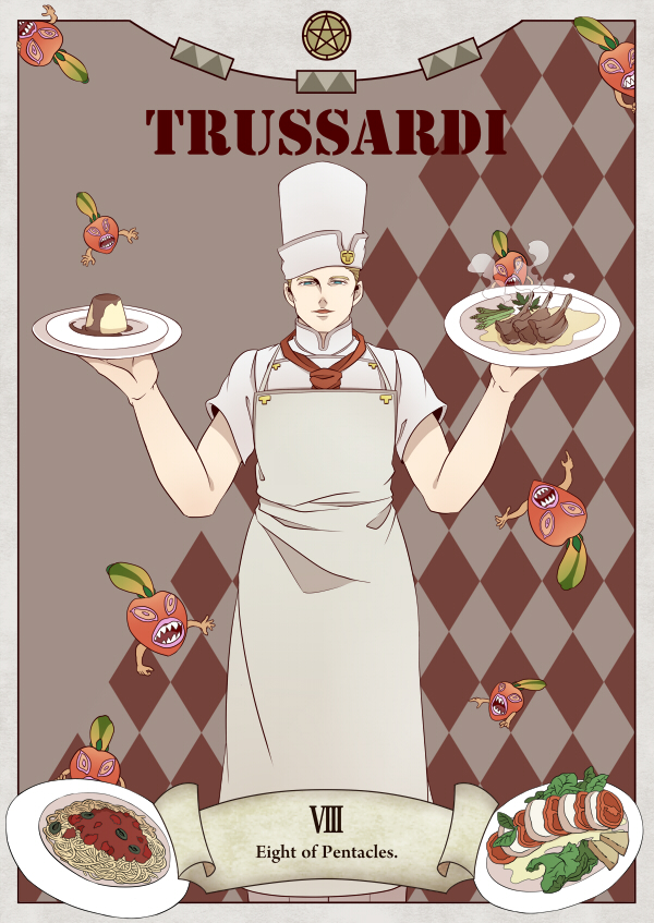 1boy, apron, blonde_hair, chef, food, hat, jojo_no_kimyou_na_bouken, pasta