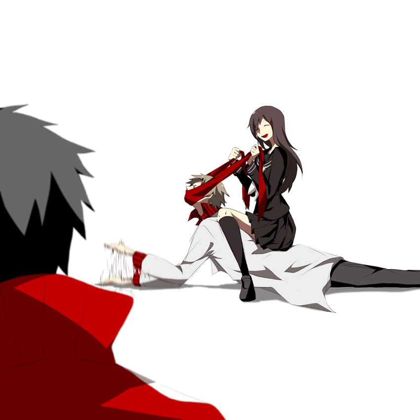 1girl, 2boys, brown_hair, closed_eyes, domu_(hamadura), father_and_daughter, glasses, hair_ornament