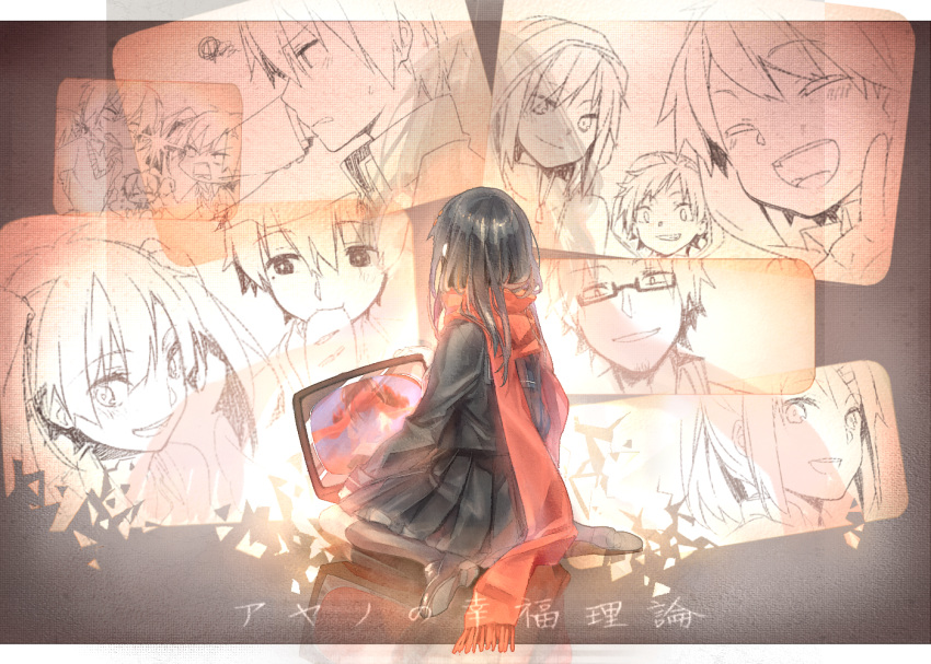 ayano_no_koufuku_riron_(vocaloid), black_hair, bread, closed_eyes, dekatanaba, eating, enomoto_takane, food, hair_ornament, hairclip, hoodie, kagerou_project, kano_shuuya, kido_tsubomi, kisaragi_shintarou, kokonose_haruka, long_hair, scarf, school_uniform, serafuku, seto_kousuke, short_hair, smile, tateyama_ayaka, tateyama_ayano, tateyama_kenjirou, twintails, younger