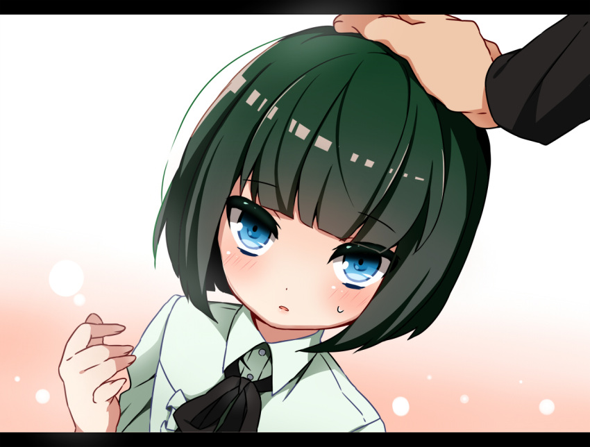 1boy, blue_eyes, blush, bob_cut, green_hair, hand_on_head, idolmaster, idolmaster_side-m