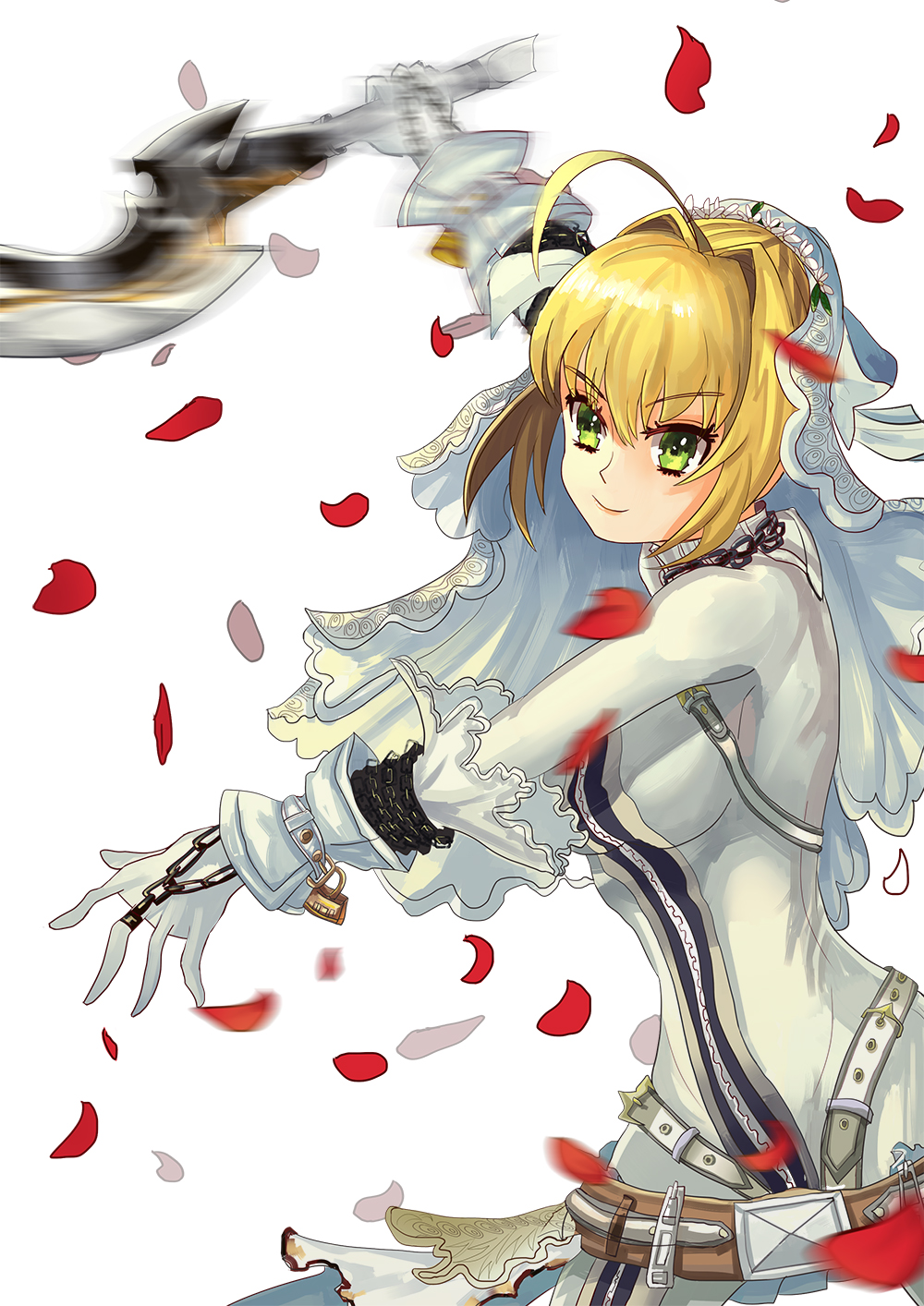 1girl, aestus_estus, ahoge, blonde_hair, bodysuit, breasts, fate/extra_ccc, fate_(series), green_eyes, highres, lock, mirialion, padlock, saber_bride, saber_extra, solo, sword, veil, weapon