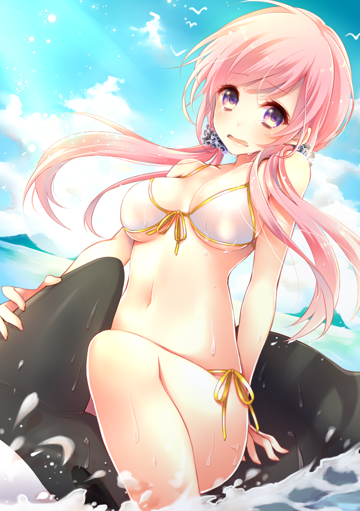 1girl, arm_behind_back, arm_support, bikini, embarrassed, front-tie_top, hair_ornament, inflatable_orca