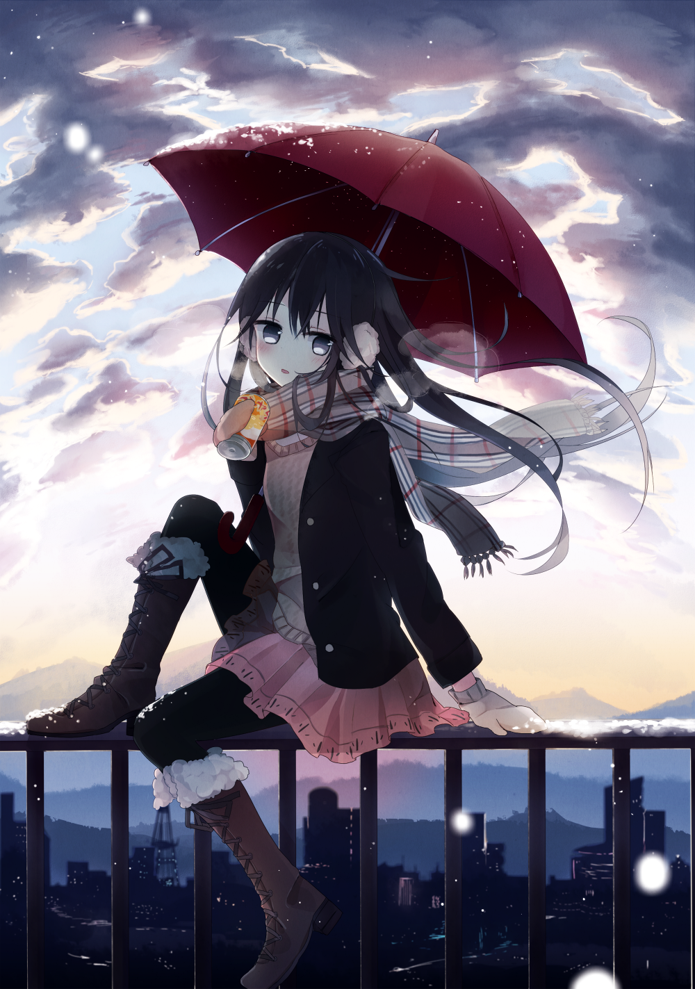 1girl, black_eyes, black_hair, boots, boyano, clouds, earmuffs, fence