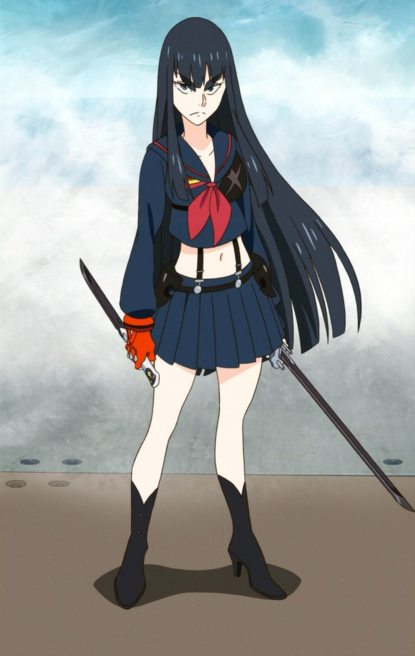 1girl, black_hair, boots, dagger, highres, kill_la_kill, kiryuuin_satsuki, long_hair