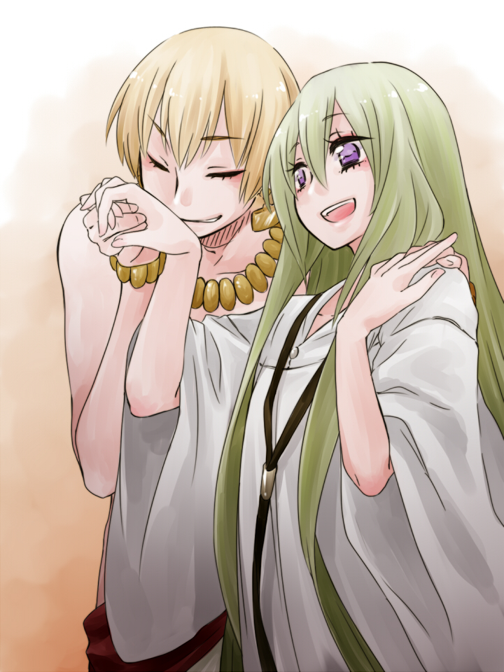 2boys, blonde_hair, bracelet, closed_eyes, enkidu_(fate/strange_fake), fate/strange_fake, fate_(series), gilgamesh