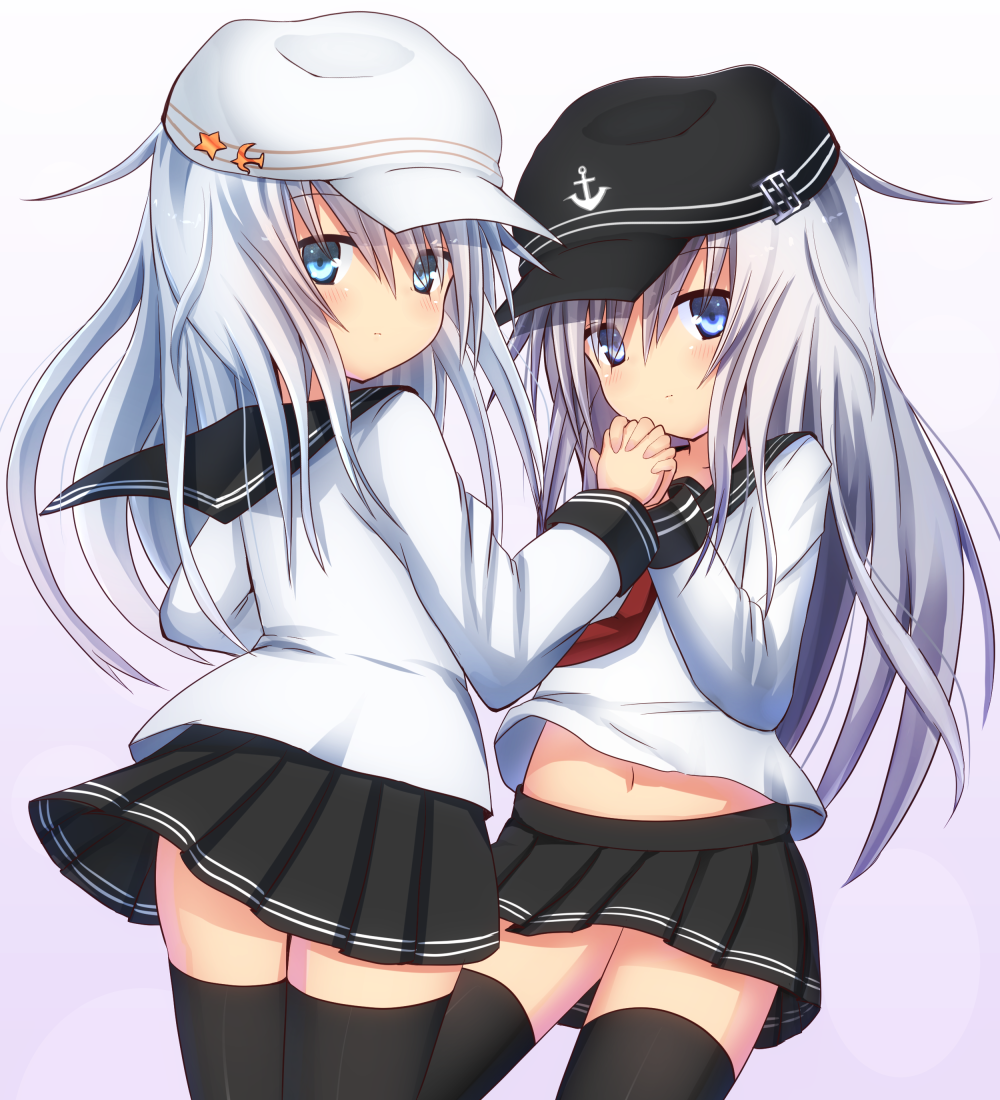 2girls, black_legwear, blue_eyes, dual_persona, hammer_and_sickle, hat, hibiki_(kantai_collection), hionhk
