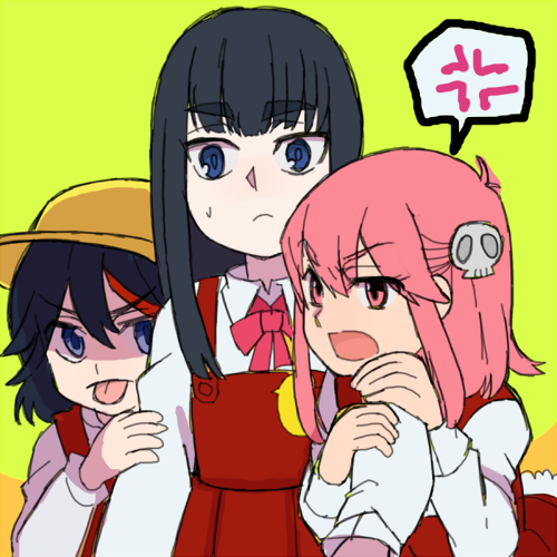 3girls, anger_vein, arm_hug, black_hair, blue_eyes, child, hair_ornament, hat, jakuzure_nonon, kill_la_kill, kiryuuin_satsuki, lowres, matoi_ryuuko, multiple_girls, pink_eyes, pink_hair, skull_hair_ornament, spoken_anger_vein, tongue, tongue_out, yakumo_(pnpn1205), young