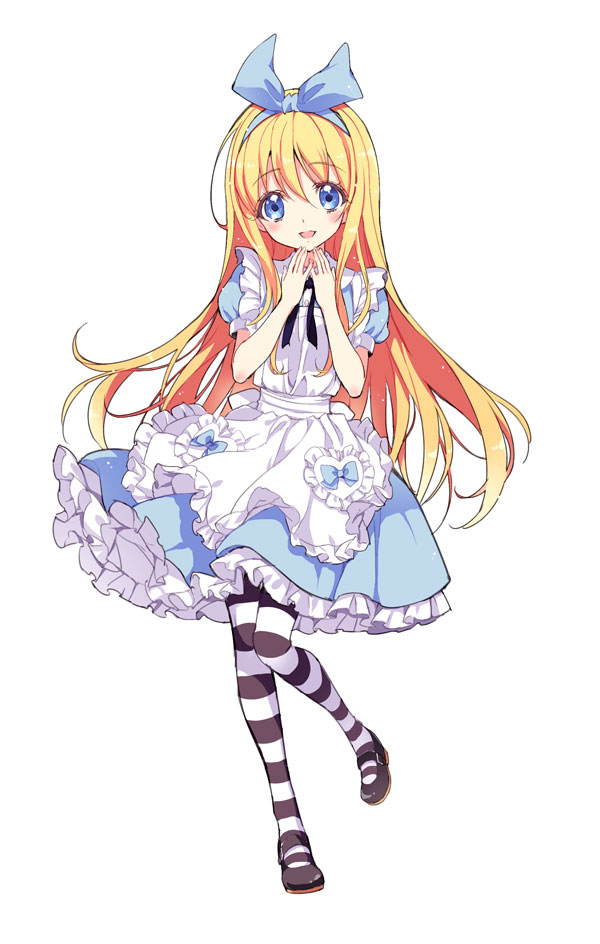 1girl, :d, alice_(wonderland), alice_in_wonderland, blonde_hair, blue_eyes, blush, bow