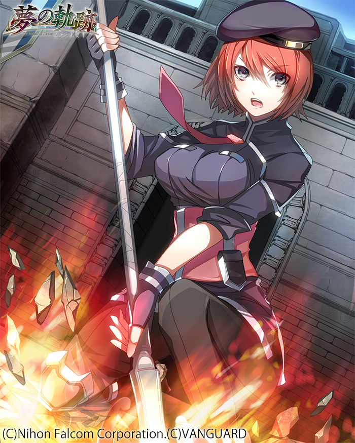 1girl, beret, brown_hair, company_name, copyright_name, eiyuu_densetsu, fingerless_gloves, fire
