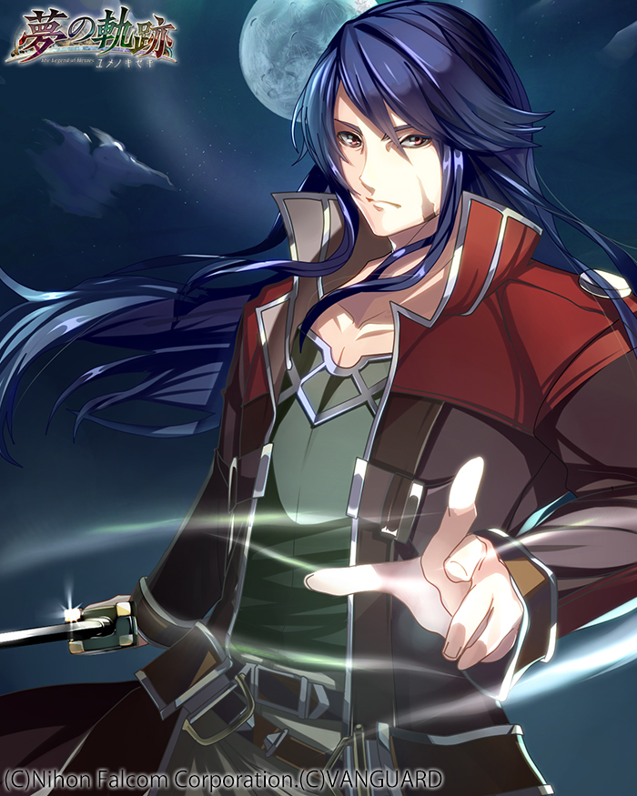 1boy, arios_maclaine, blue_hair, brown_eyes, company_name, copyright_name, eiyuu_densetsu, full_moon