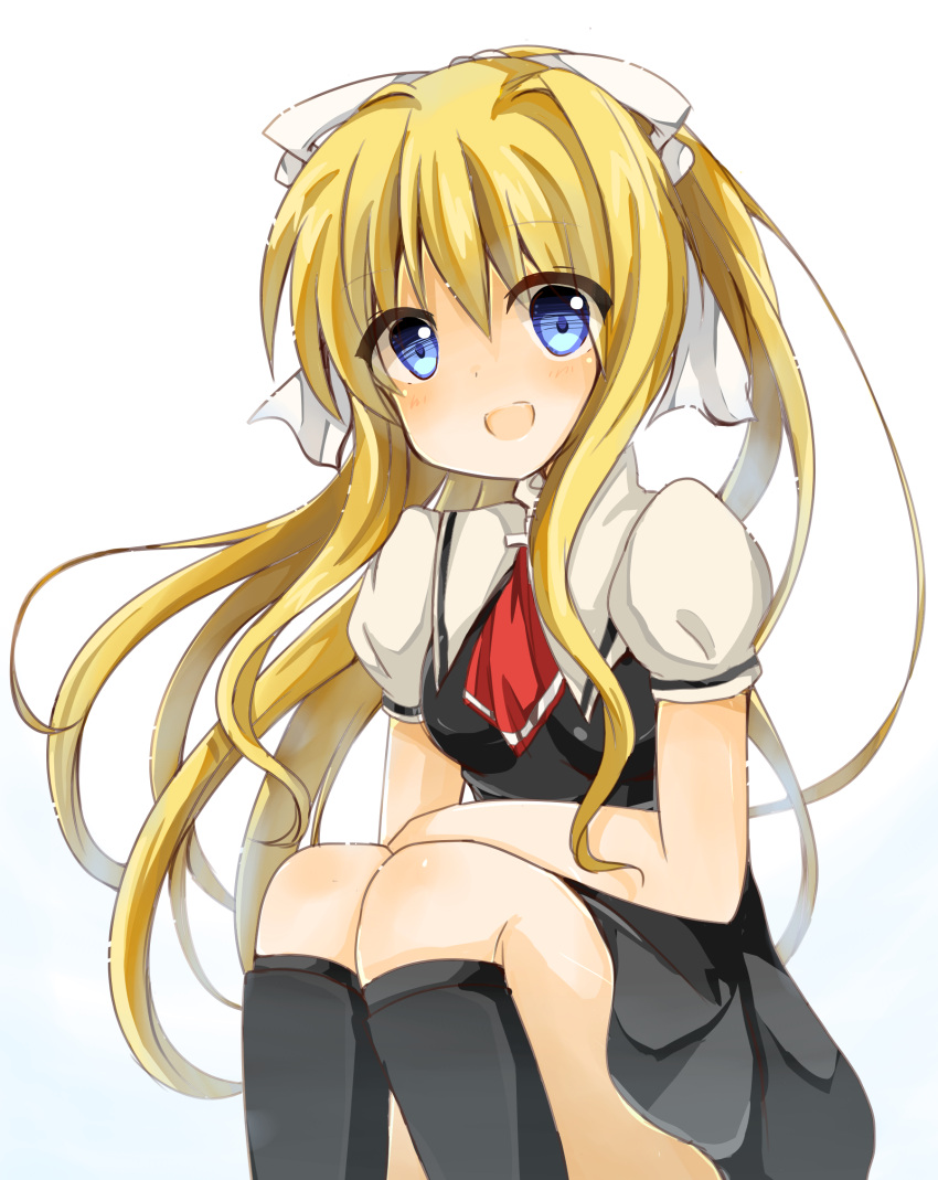 1girl, air, blonde_hair, blue_eyes, highres, kamio_misuzu, long_hair, ponytail