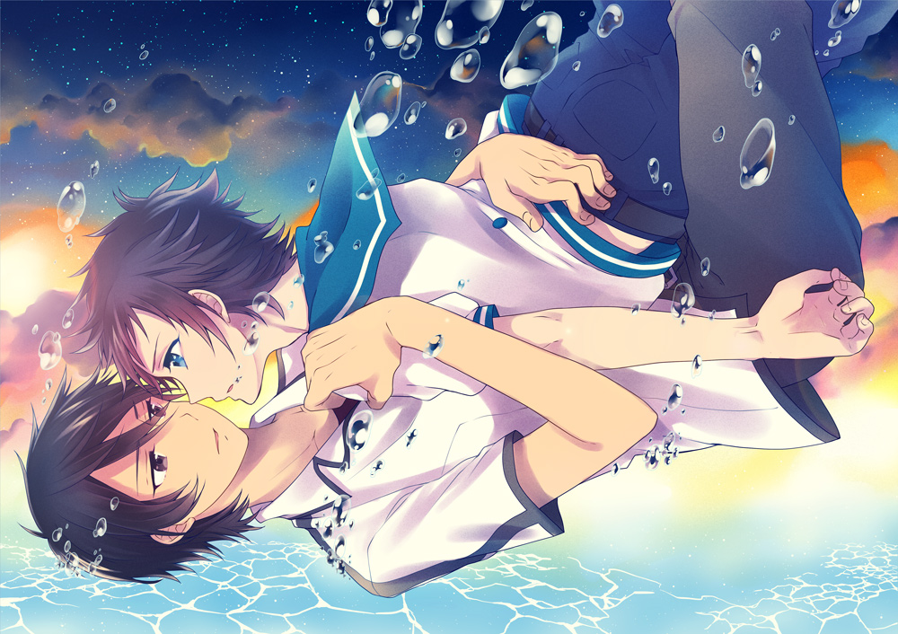 2boys, air_bubble, black_eyes, black_hair, blue_eyes, brown_hair, kihara_tsumugu, multiple_boys