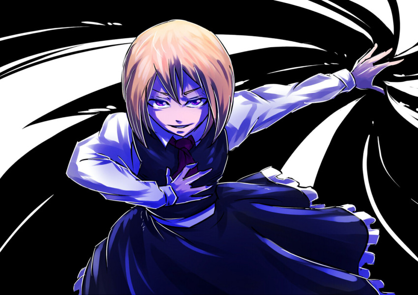 1girl, blonde_hair, blouse, darkness, ex-rumia, frilled_skirt, frills, hand_on_own_chest