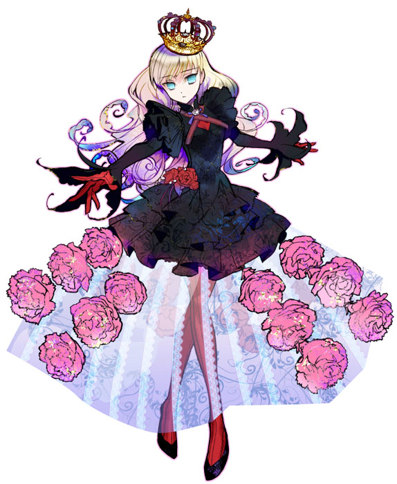 1girl, artist_request, blonde_hair, crossed_legs, crown, dress, expressionless, gloves