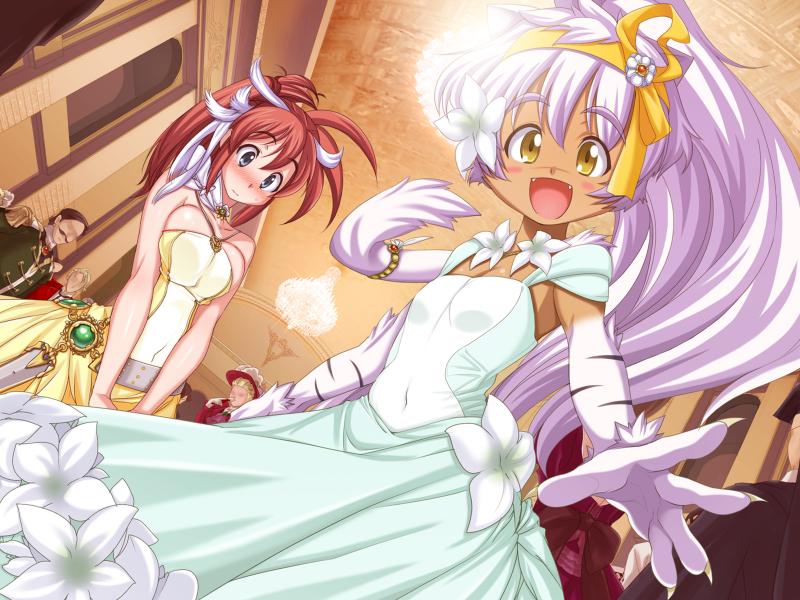 2girls, :d, blue_eyes, blush, breasts, brown_hair, cleavage, cony_il_ricoeur
