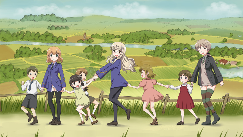 2boys, 6+girls, amelie_planchard, black_legwear, blonde_hair, brown_eyes, brown_hair, child, church, clouds, dress, fence, field, glasses, green_eyes, grey_eyes, highres, holding_hands, house, long_hair, lynette_bishop, military, military_uniform, multiple_boys, multiple_girls, necktie, novram58, pantyhose, perrine_h_clostermann, river, scenery, short_hair, shorts, sky, smile, strike_witches, striped, striped_legwear, thighhighs, uniform