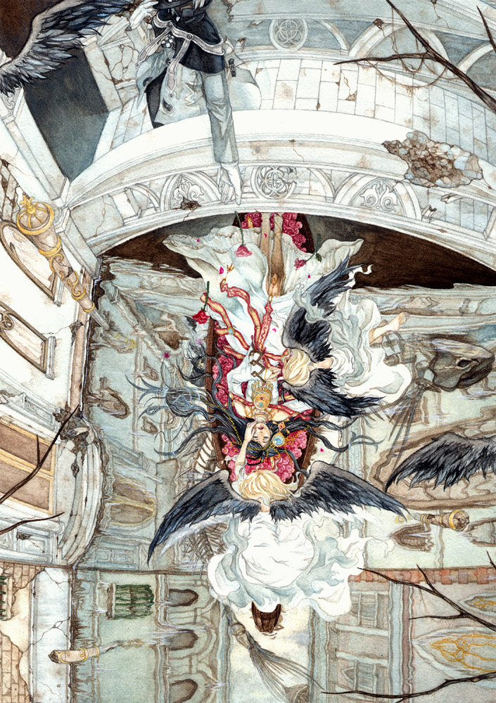 black_hair, boat, bridge, death, dress, fish, flower, from_above