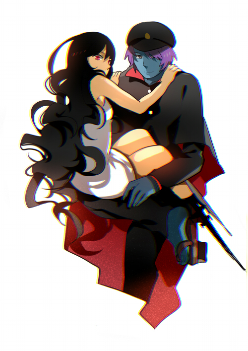 .flow, 1boy, 1girl, amputee, black_hair, blue_skin, couple, crossover, dress, gakuran-kun, geta, getiao, long_hair, looking_at_viewer, metal-tan, prosthesis, purple_hair, red_eyes, sitting, sitting_on_lap, sitting_on_person, very_long_hair, wavy_hair, white_dress, yume_2kki