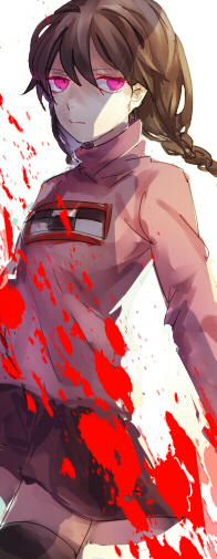 1girl, blood, blood_splatter, braid, brown_hair, dew_(970623), expressionless, looking_at_viewer