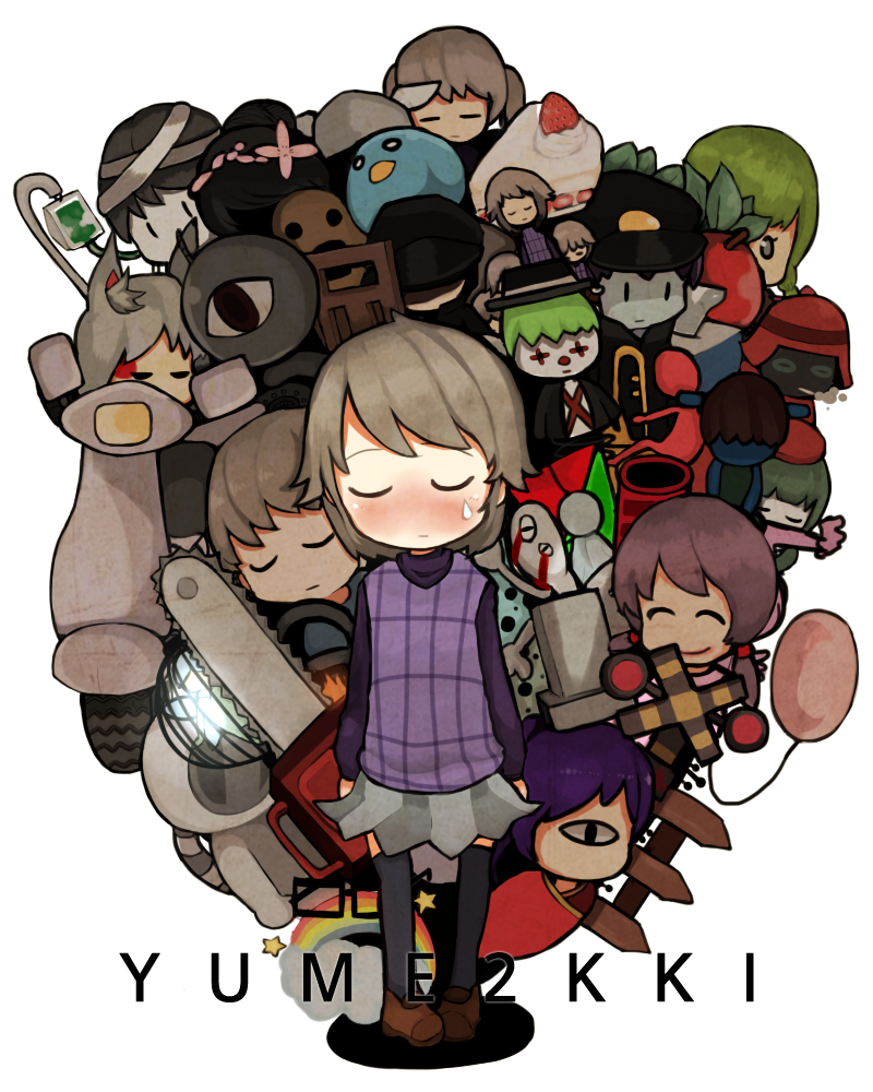 6+boys, 6+girls, aojiru_(yume_2kki), bane_jack, blonde_hair, cake, chainsaw, clone