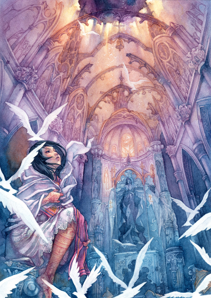 black_hair, cathedral, church, cloak, gothic_architecture, highres, original, ruins