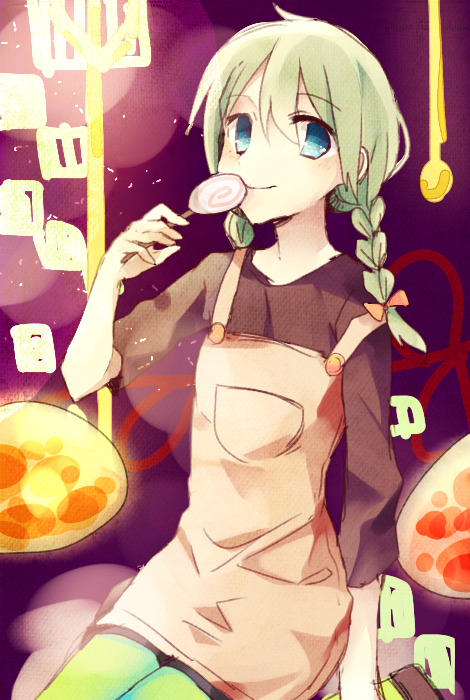 1girl, apron, braid, candy, green_hair, lollipop, long_hair, looking_at_viewer