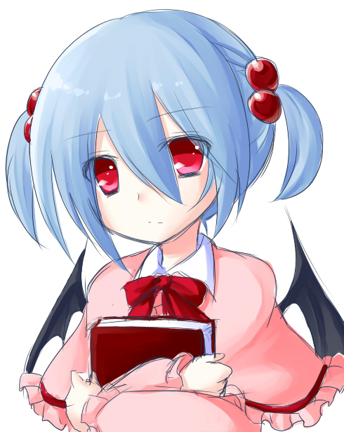 1girl, bat_wings, blue_hair, book, dress, hair_bobbles, hair_ornament, holding