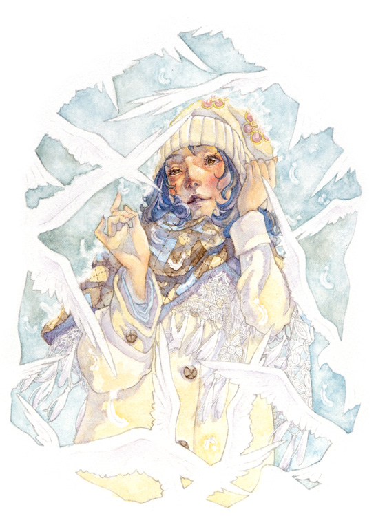 blue_hair, coat, hat, original, scarf, short_hair, shuka_(taupe), solo