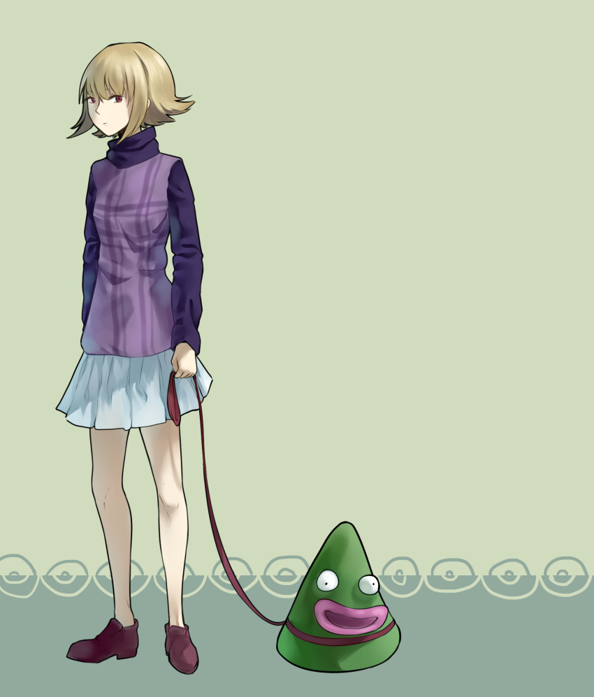 1girl, blonde_hair, creature, expressionless, full_body, gehirnkaefer, highres, leash