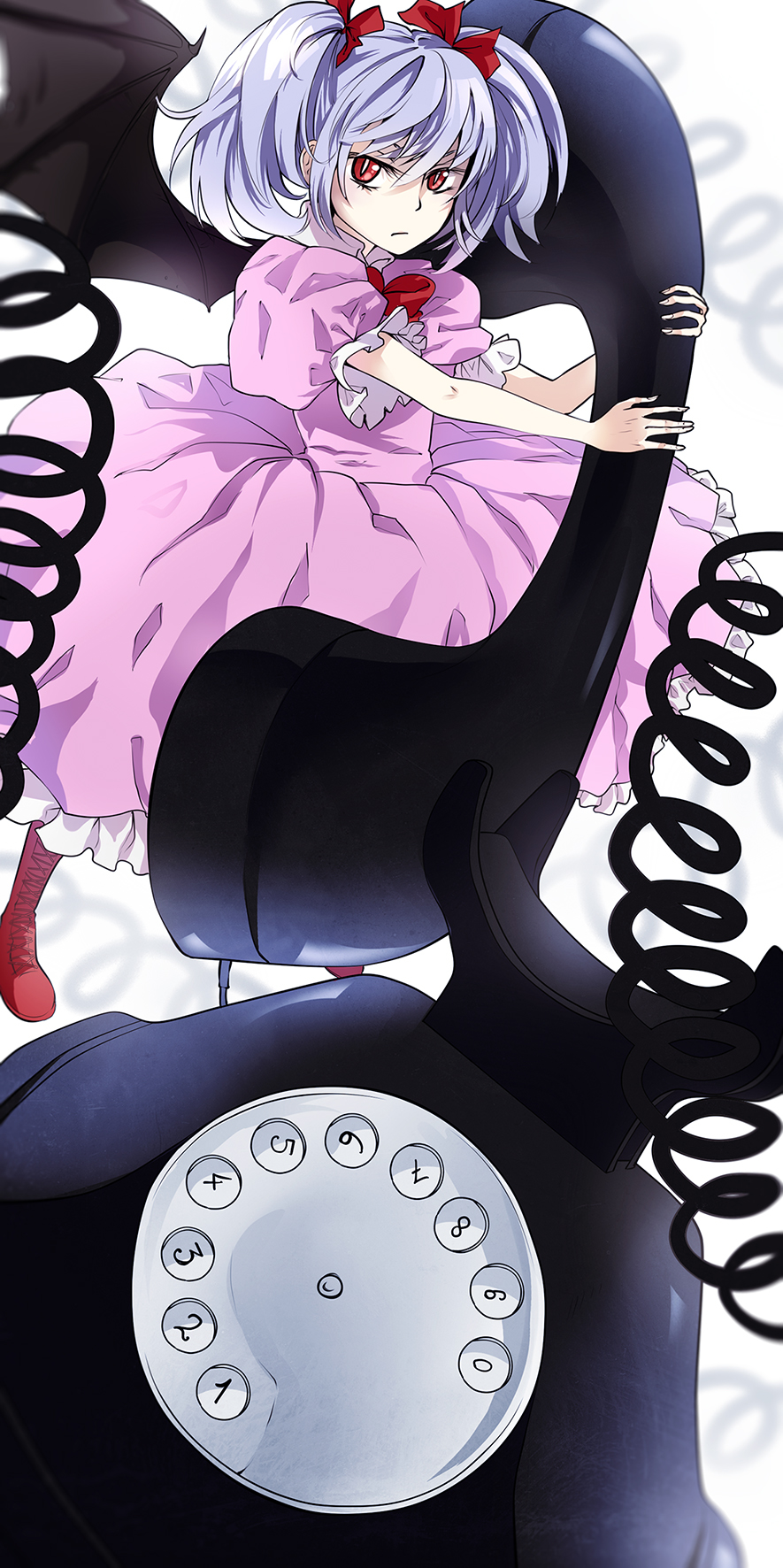 1girl, bat_wings, blue_hair, corded_phone, dress, frills, full_body, gehirnkaefer