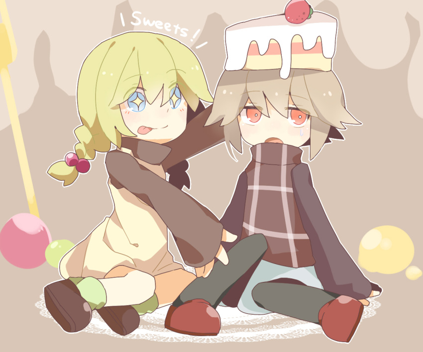 2girls, :p, blonde_hair, braid, cake, chibi, food, food_as_clothes, full_body, green_hair, long_hair, multiple_girls, object_on_head, pantyhose, shoes, sitting, skirt, sweets_girl, tongue, twin_braids, urotsuki, yami_(yamitukiyoru), yume_2kki