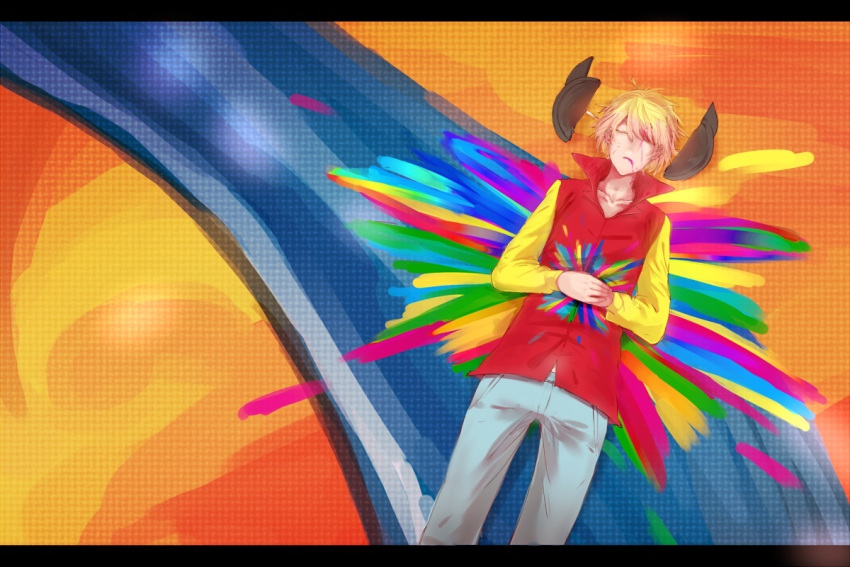 1boy, bleeding, blonde_hair, blood, broken, closed_eyes, colorful, death