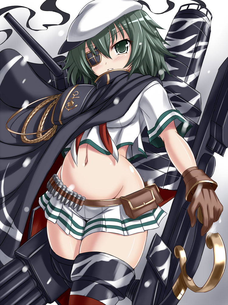 1girl, bandolier, boots, coat, fanatic_fetish, gloves, green_eyes, green_hair, hat, kantai_collection, kiso_(kantai_collection), mound_of_venus, navel, short_hair, skirt, solo, thigh_boots, thighhighs, thighs