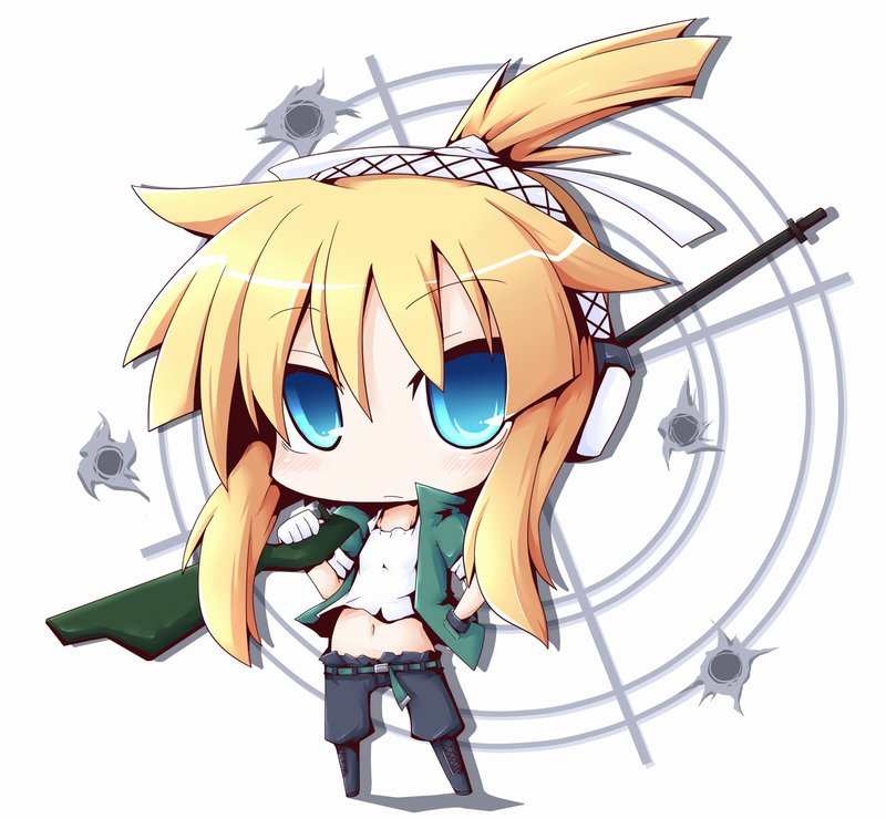 blue_eyes, blush, chibi, ear_protection, gun, iris_(material_sniper), material_sniper, midriff