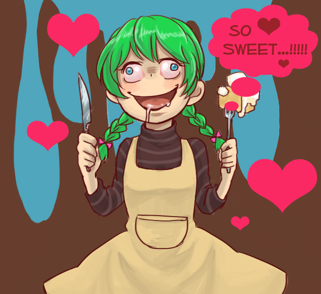 1girl, apron, braid, cake, crazy_eyes, drooling, english, food