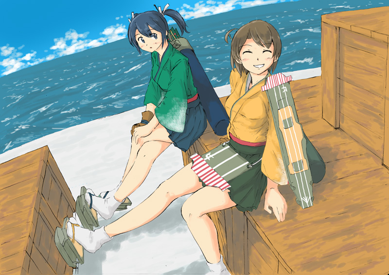 2girls, ^p^, arrow, black_hair, blue_eyes, blue_hair, blue_sky, blush