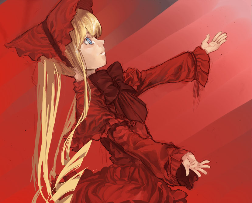 1girl, aqua_eyes, bangs, blonde_hair, bonnet, bow, capelet, dress