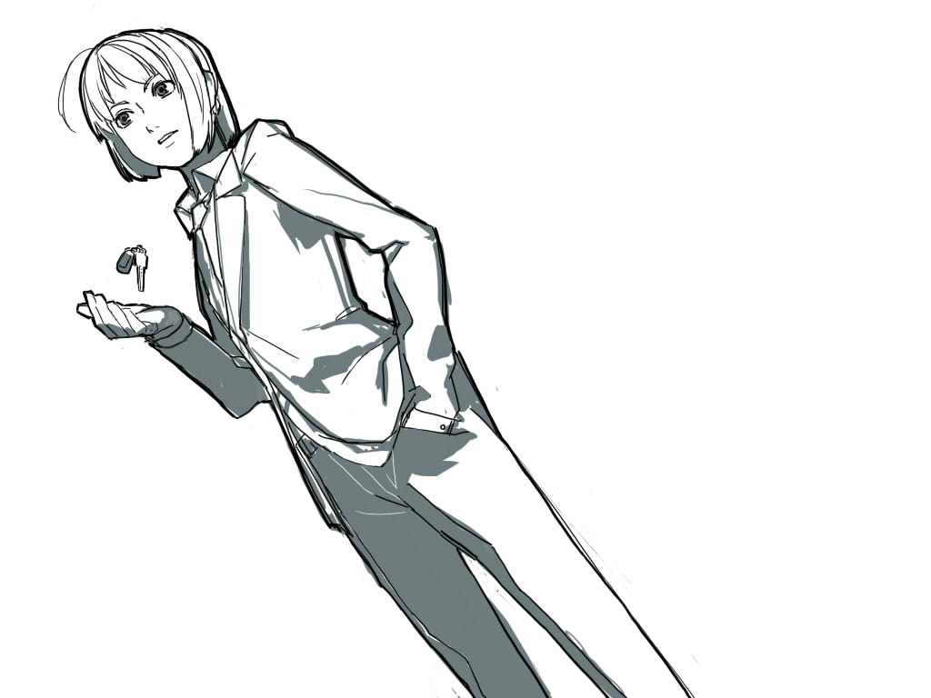 1girl, ahoge, dutch_angle, fate/zero, fate_(series), formal, hand_in_pocket, looking_away