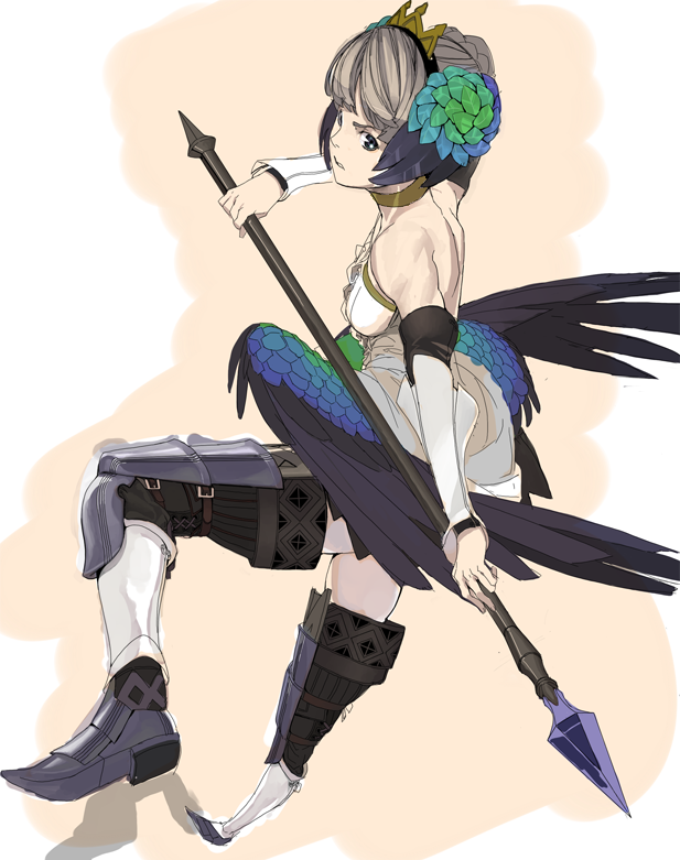 1girl, bare_back, blonde_hair, elbow_gloves, gloves, greaves, gwendolyn, odin_sphere