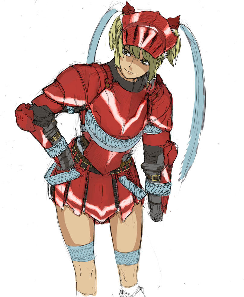 1girl, armor, gauntlets, hand_on_hip, helmet, hermitaur_(armor), leaning_forward, looking_away, monster_hunter, smile, solo, taaki_(taki0123), twintails, white_background, yellow_eyes