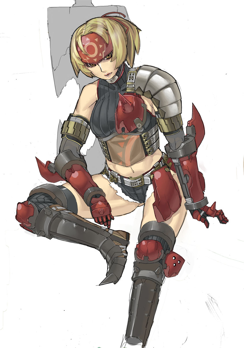 1girl, armor, blonde_hair, breasts, forehead_protector, gauntlets, highres, kuroobi_(armor)