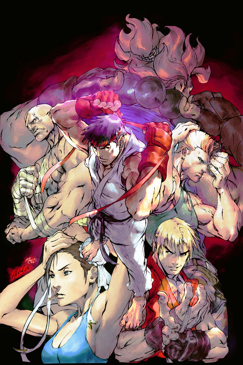 1girl, 5boys, adjusting_headwear, alvin_lee, armpits, bald, bandages, barefoot
